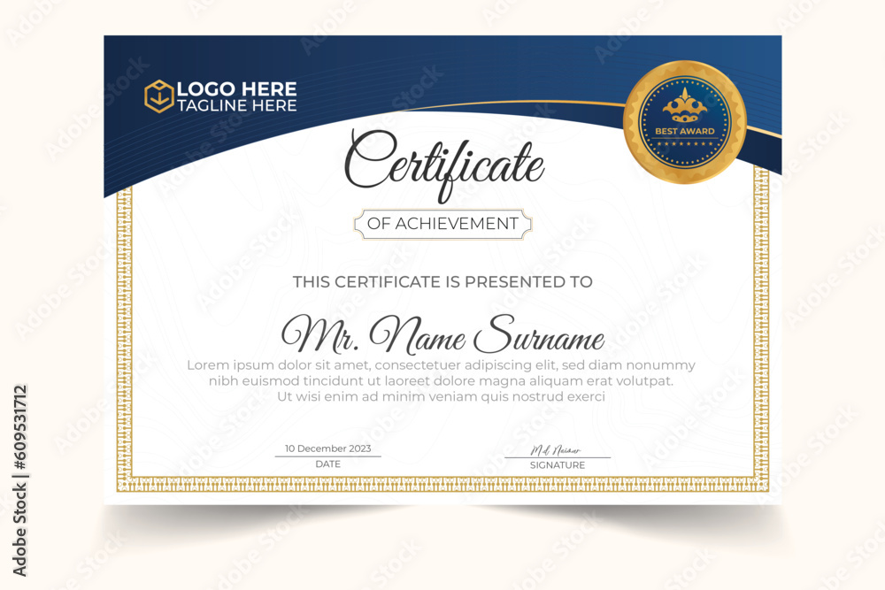 Fototapeta premium Blue and gold certificate of achievement template with gold badge and border