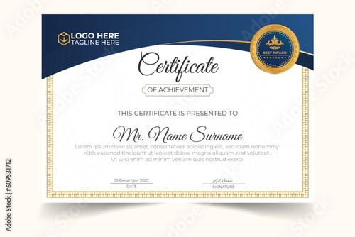 Blue and gold certificate of achievement template with gold badge and border