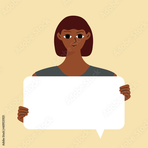 Pretty brunette swowing empty presentation, holding blank placard