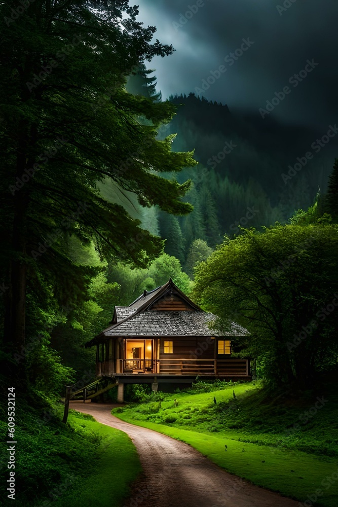 A beautiful house on a greenay landscape with a small river 