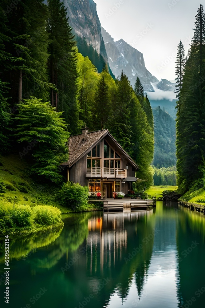 A beautiful house on a greenay landscape with a small river 