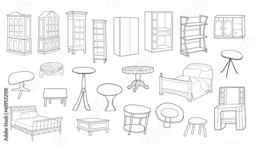 A set of hand-drawn vector illustrations of furniture, including cabinets, tables, and beds.