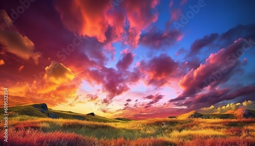 colorful landscape with majestic clouds spread across the horizon. Generative ai