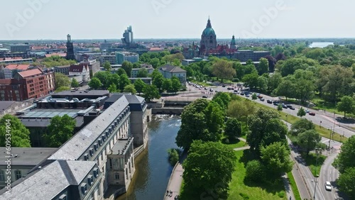 Drone shot of Leine river , Hannover city centre on a sunny day , Germany .
