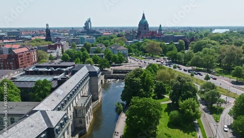 Drone shot of Leine river , Hannover city centre on a sunny day , Germany . photo
