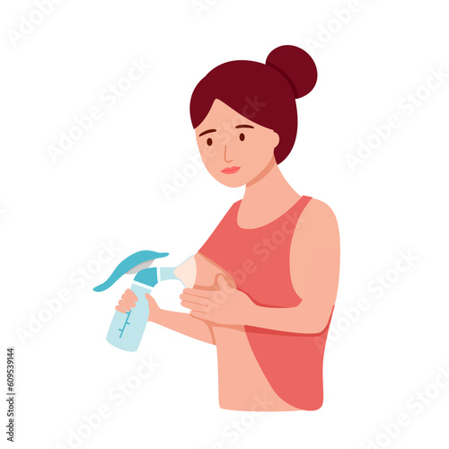 Mom using breast pump in flat design on white background.