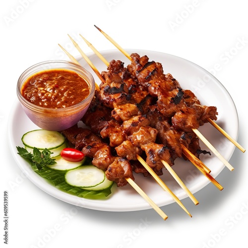 Thai food - moo satay (pork satay), isolated on white background, generative AI
