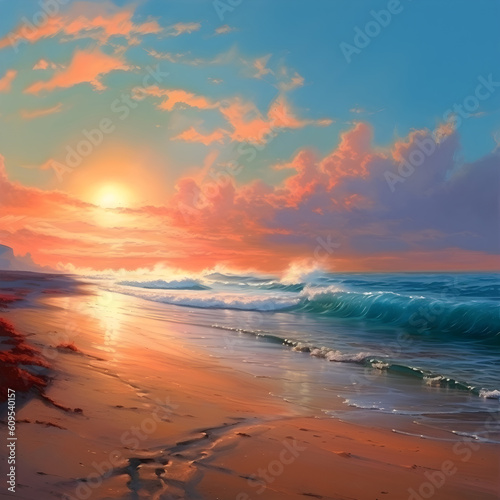 Realistic beach, sunset over ocean, Oil paint, AI Generated, Generative AI