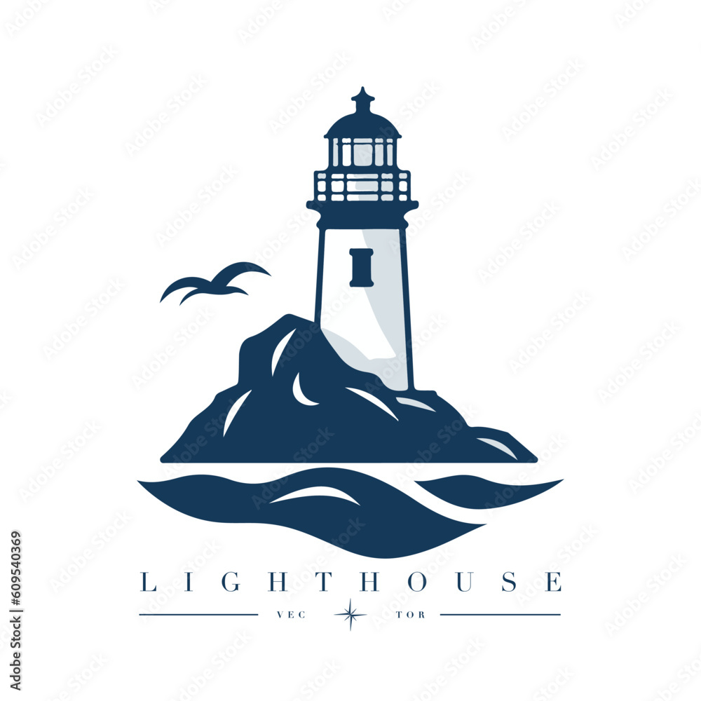 Lighthouse in the ocean on the small rocky island vector logo emblem. Lighthouse tower mascot Lighthouse in the ocean on the small rocky island vector logo emblem. Lighthouse tower mascot