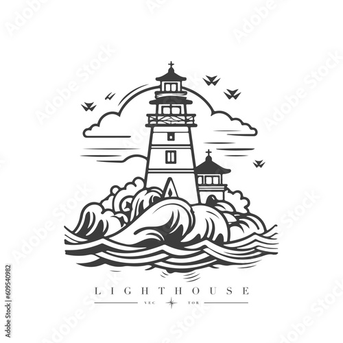 Lighthouse in the ocean on the small rocky island vector logo emblem. Lighthouse tower mascot