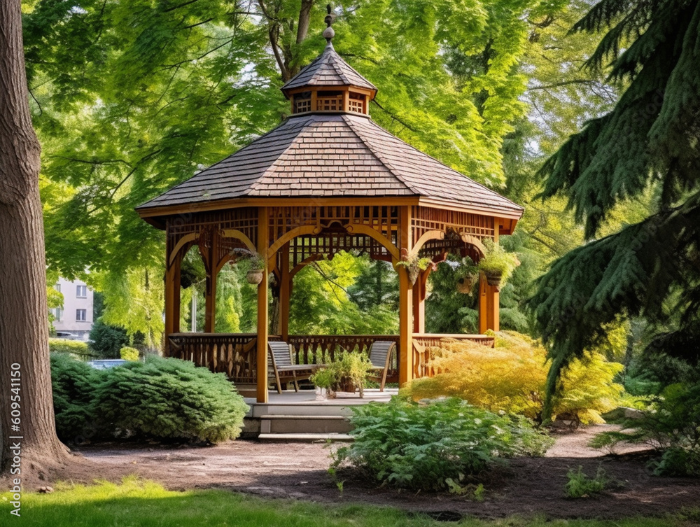 Beautiful round shape gazebo in the park designed by the landscape architect. Western-style architecture made from wood. Beautiful round shape gazebo in the park designed by the landscape architect. Western-style architecture made from wood.