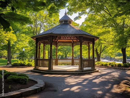 Beautiful round shape gazebo in the park designed by the landscape architect. Western-style architecture made from wood.