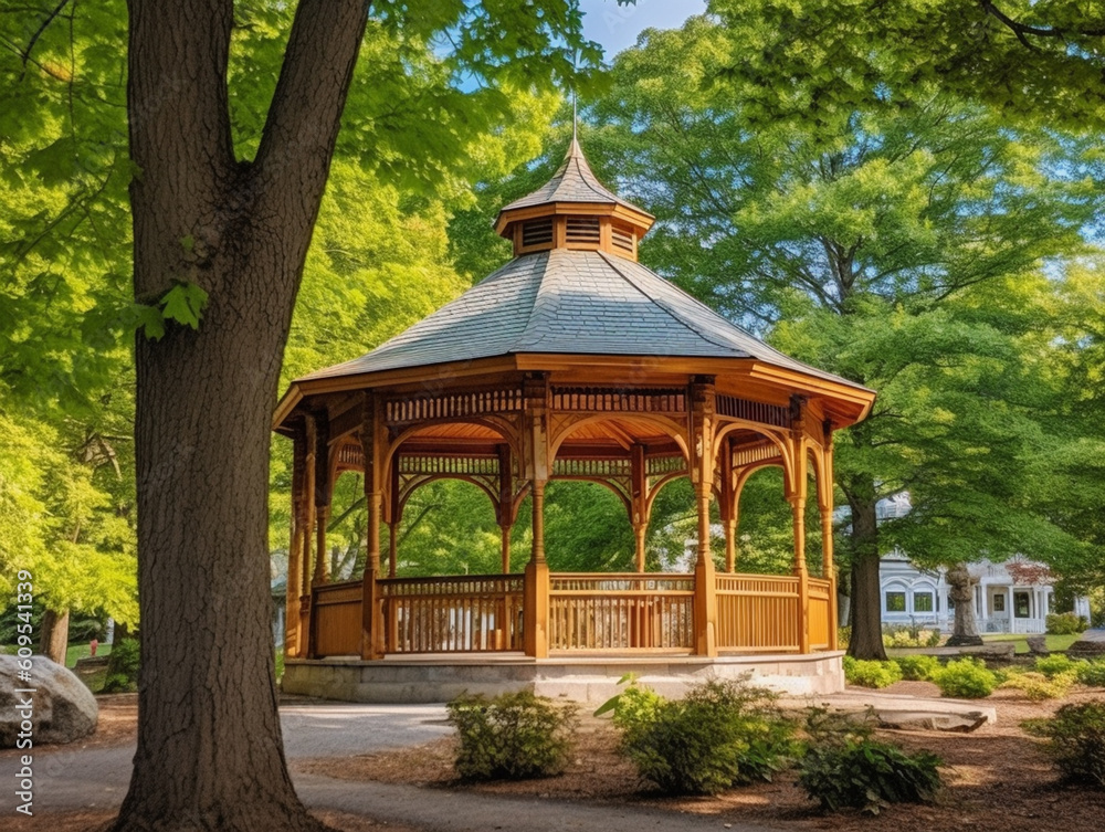 Beautiful round shape gazebo in the park designed by the landscape architect. Western-style architecture made from wood. Beautiful round shape gazebo in the park designed by the landscape architect. Western-style architecture made from wood.