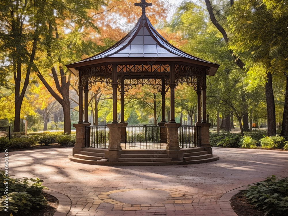 Fototapeta premium Beautiful round shape gazebo in the park designed by the landscape architect. Western-style architecture made from wood.