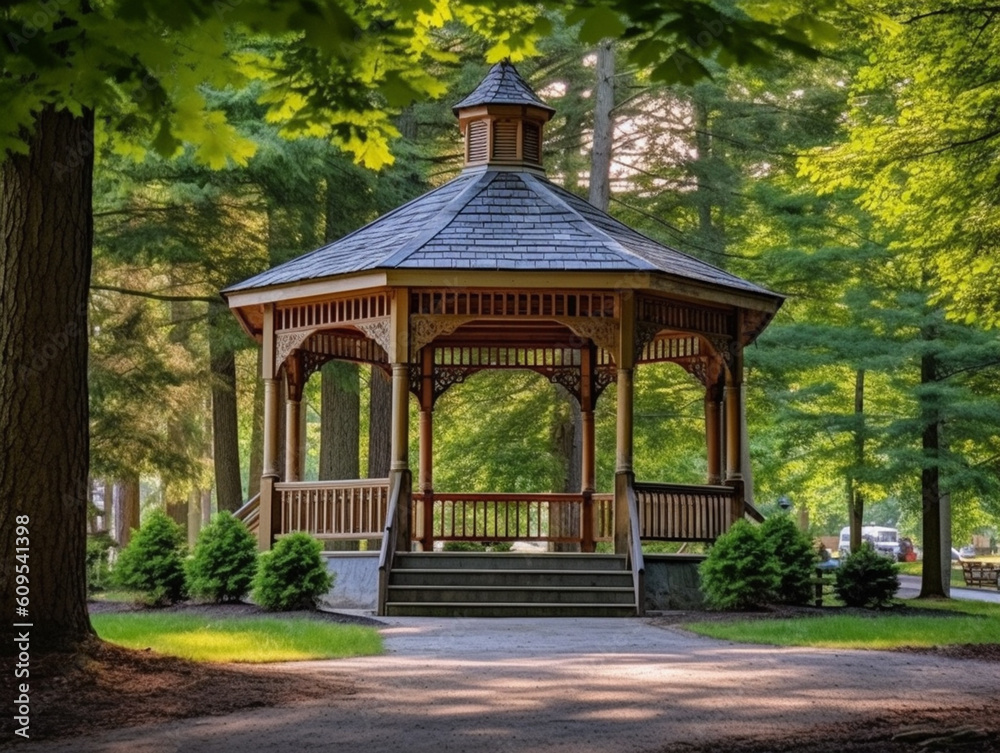 Beautiful round shape gazebo in the park designed by the landscape architect. Western-style architecture made from wood. Beautiful round shape gazebo in the park designed by the landscape architect. Western-style architecture made from wood.