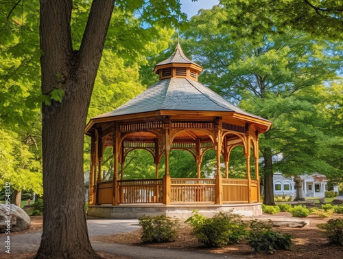 Beautiful round shape gazebo in the park designed by the landscape architect. Western-style architecture made from wood.