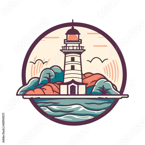 Lighthouse in the ocean on the small rocky island vector logo emblem. Lighthouse tower mascot