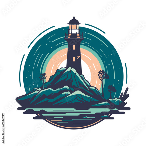 Lighthouse in the ocean on the small rocky island vector logo emblem. Lighthouse tower mascot.