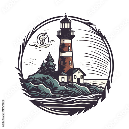 Lighthouse in the ocean on the small rocky island vector logo emblem. Lighthouse tower mascot.
