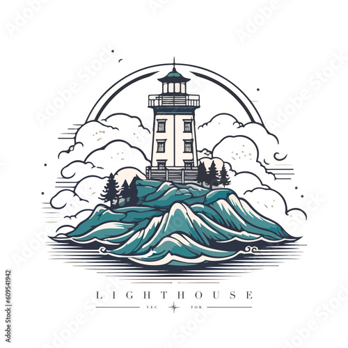 Lighthouse in the ocean on the small rocky island vector logo emblem. Lighthouse tower mascot.