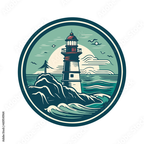 Lighthouse in the ocean on the small rocky island vector logo emblem. Lighthouse tower mascot.