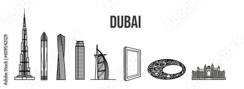 Vászonkép Dubai city skyline - towers and landmarks cityscape in liner style, vector