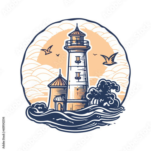 Lighthouse in the ocean on the small rocky island vector logo emblem. Lighthouse tower mascot.