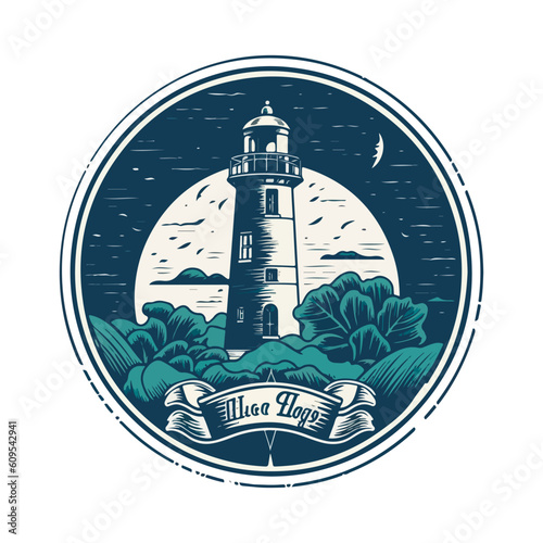 Lighthouse in the ocean on the small rocky island vector logo emblem. Lighthouse tower mascot.