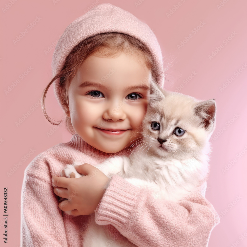 A cute Little girl hugging a kitten ,Generative AI A cute Little girl hugging a kitten ,Generative AI
