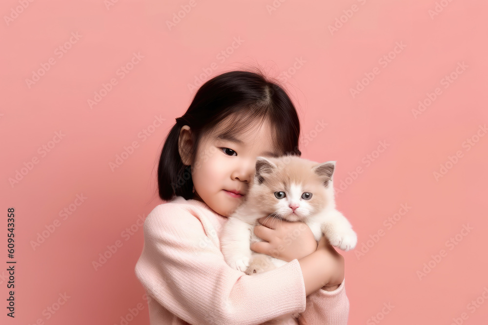 A cute Little girl hugging a kitten ,Generative AI A cute Little girl hugging a kitten ,Generative AI