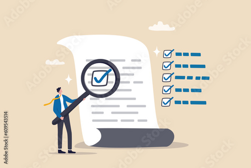 Inspect or review document, report or legal audit, quality assurance, search for document, information or research, investigate, proof or checking concept, businessman with magnifier inspect document.