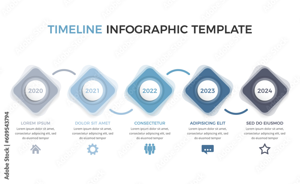 Horizontal timeline infographics template with five elements with place for dates and text Horizontal timeline infographics template with five elements with place for dates and text