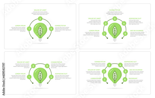 Set of infographic templates with green bulb with leaves and elements for numbers and text, green energy infographics