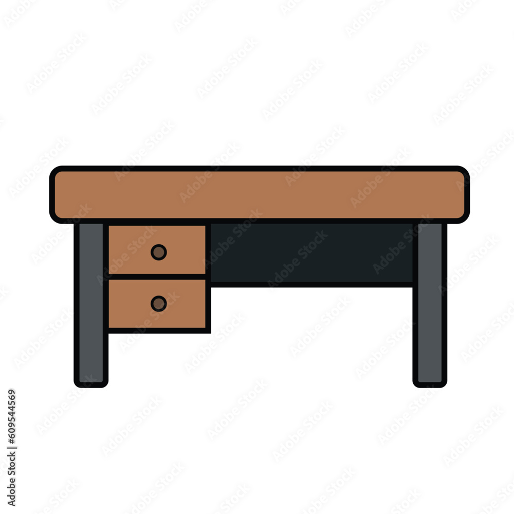 Simple desk icon from front view full colored vector drawing isolated on white square background. Simple flat outlined icon with minimalist style. Simple desk icon from front view full colored vector drawing isolated on white square background. Simple flat outlined icon with minimalist style.