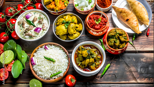 vegetables on a plate, Traditional Indian dishes on the wooden table, AI generated