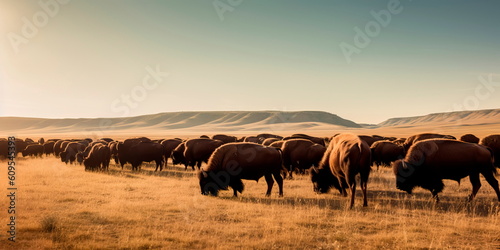 Fototapeta herd of bison grazing on a plain, with rolling hills and a clear blue sky