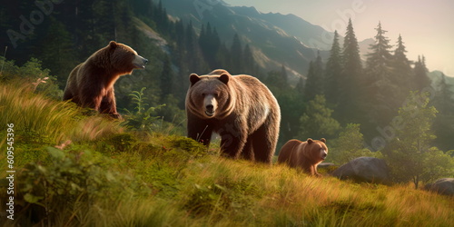 bear family in their natural habitat, surrounded by trees and mountains. Generative AI