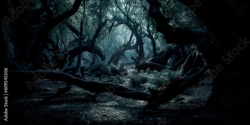 dark forest with twisted trees and deep shadows, suggesting the possibility of supernatural creatures lurking in the darkness. Generative AI © Лилия Захарчук