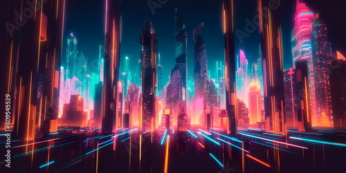 abstract futuristic cityscape with towering skyscrapers and neon lights in the night sky. Generative AI