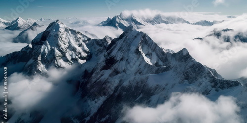 aerial shot taken by drone of a majestic, snow-capped mountain range, shrouded in clouds and mist Generative AI © Лилия Захарчук