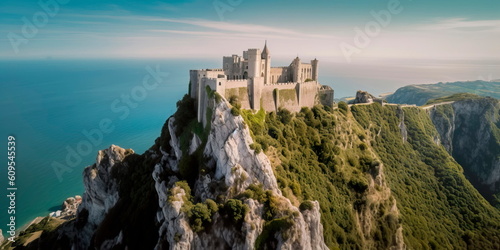 stunning aerial view of a historic castle or fortress  perched atop a rugged cliff and surrounded by stunning vistas Generative AI