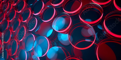 background with a repeating geometric design featuring circles and squares in shades of red and blue. Generative AI