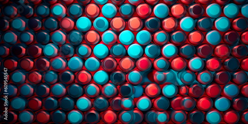 background with a repeating geometric design featuring circles and squares in shades of red and blue. Generative AI