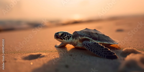 Valokuvatapetti baby sea turtle crawling on the beach towards the ocean with the sun setting in
