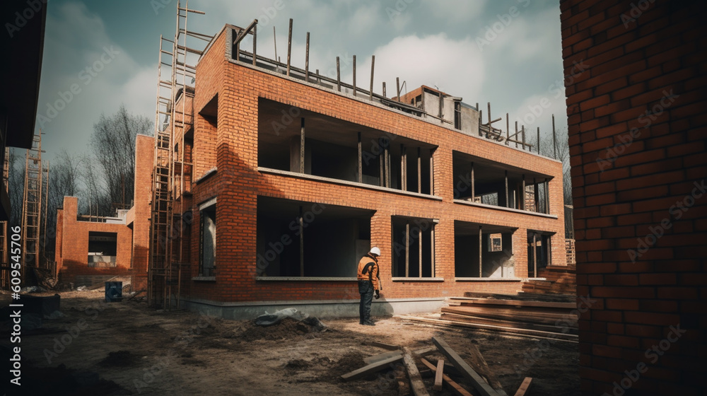 Portrait of male builder in hard hat, working at construction site. Generative ai