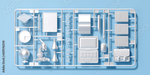 Minimal background for education concept. Plastic model kit of back to school element on blue background. 3d rendering illustration. Object isolate clipping path included.