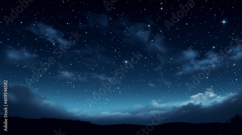 Blue dark night sky with many stars above field of trees. Generative Ai. © alexkich