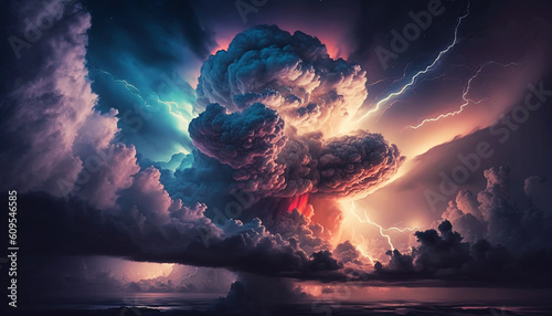 Stormy sky with dramatic clouds from an approaching thunderstorm at sunset. Generative AI