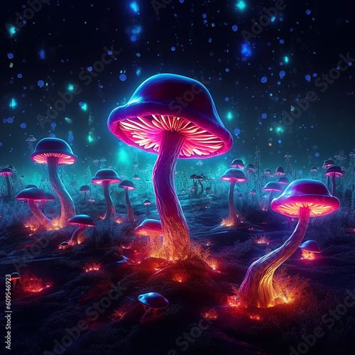 A field full of magical surreal bioluminescence neon magic mushrooms ready for a psychedelic experience. Generative AI.
