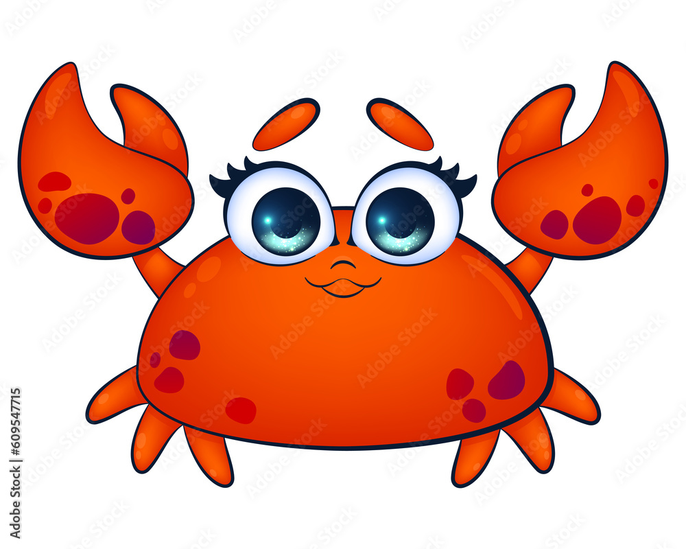 Obraz premium Bright and Colorful Cartoon Crab. Children's isolated PNG Illustration. Vibrant and lively PNG cut out illustration of a cute and friendly crab character, perfect for children's designs.